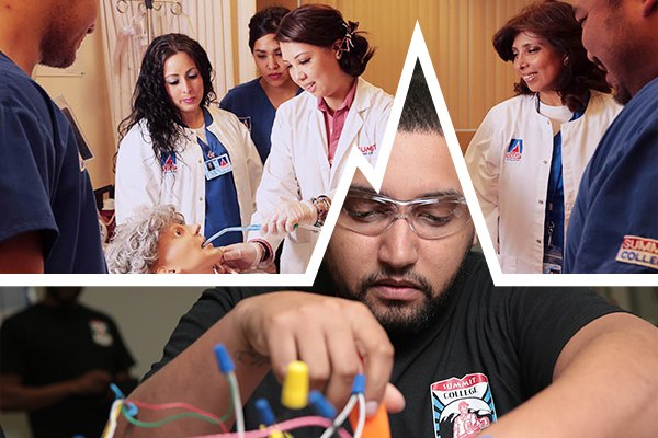 Photos of Summit students in the Medical Assistant and Electrician programs working in hands-on labs.